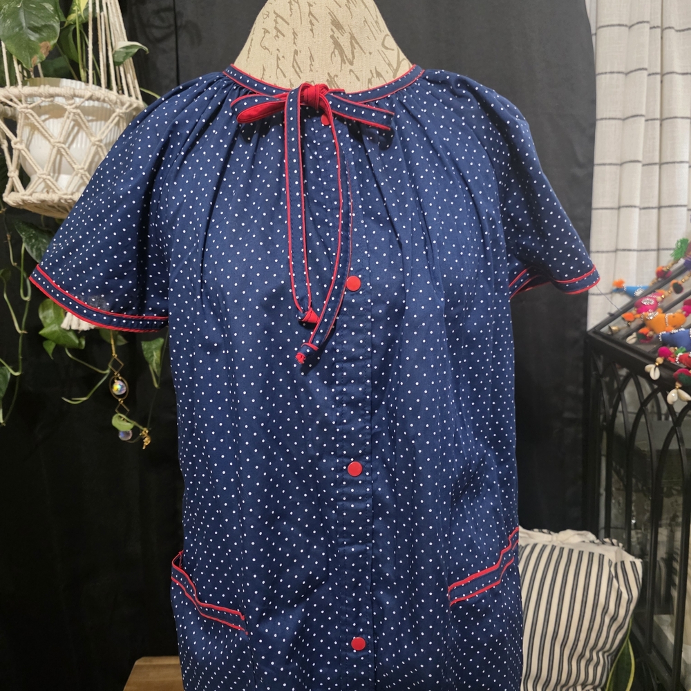Vintage 50's House Dress Navy White Polka Dot with Red Trim Americana
